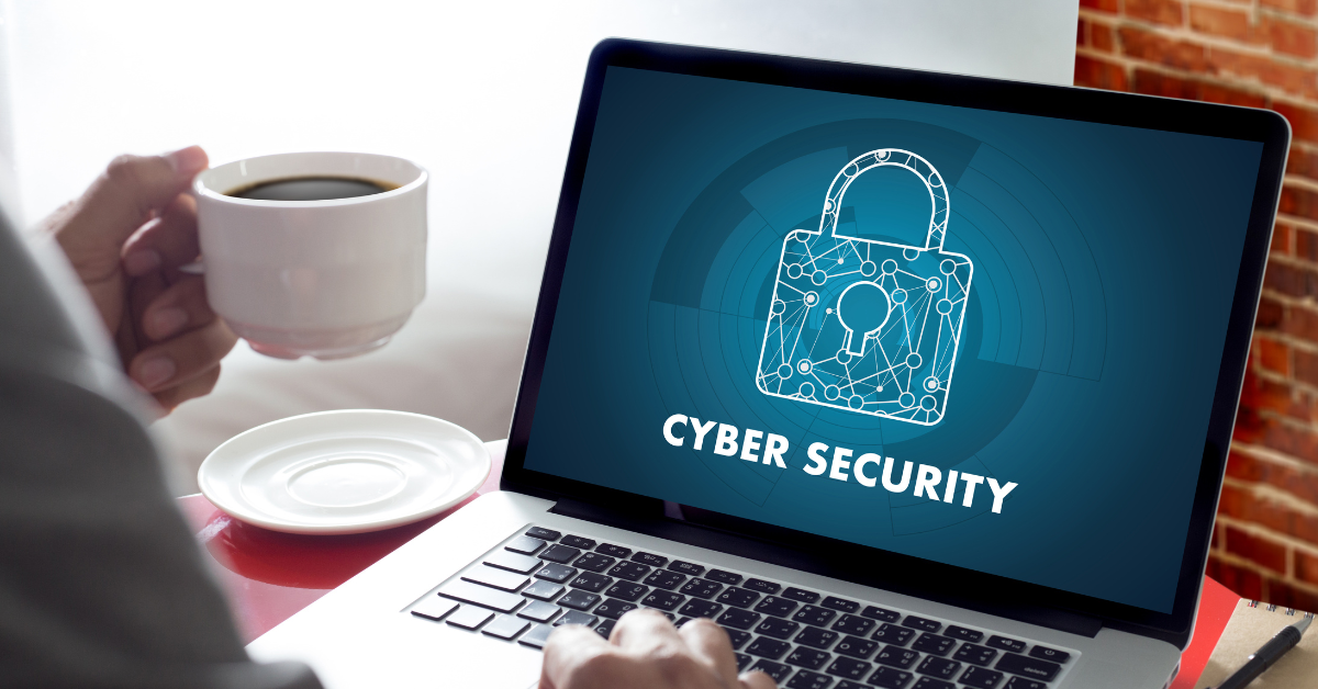 A laptop with a huge padlock in white on the screen, emphasizes the need for cyber security to secure your business.
